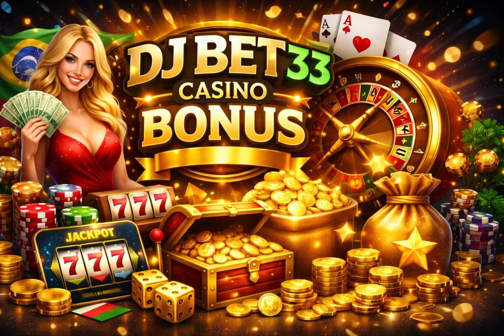 Promoção DJ BET33 Casino Bonus com Slots 777, roleta, moedas douradas e oferta exclusiva para novos jogadores