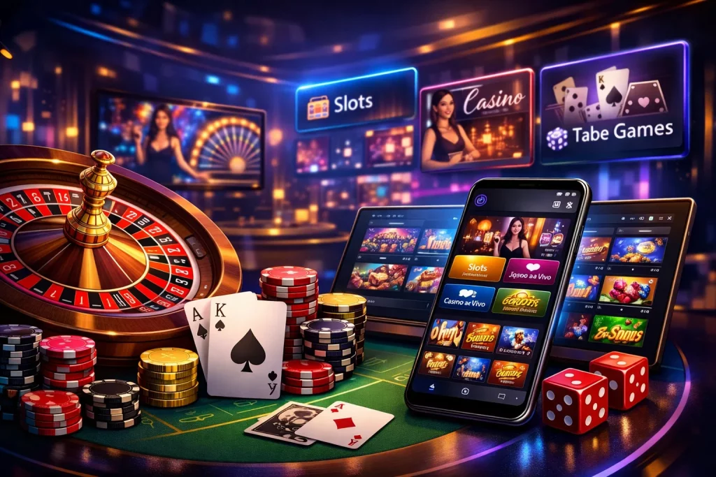 Roleta iluminada, fichas de cassino, cartas sobre a mesa e dispositivos móveis exibindo categorias de jogos online em ambiente digital moderno e sofisticado
